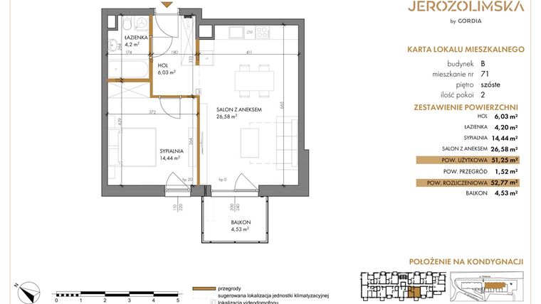 Rzut - Mieszkanie na sprzedaż 2 pokoje o powierzchni 52,66 m² - numer B-71 w Jerozolimska