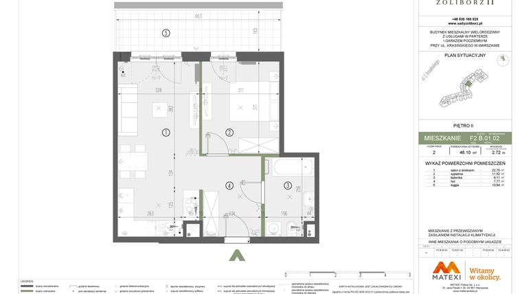 Rzut - Mieszkanie na sprzedaż 2 pokoje o powierzchni 48,1 m² - numer F2.B.02.02 w Sady Żoliborz II