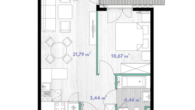 Rzut - Mieszkanie na sprzedaż 2 pokoje o powierzchni 40,54 m² - numer A.04.10 w Do Wilgi