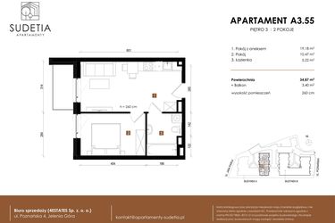 Rzut - Mieszkanie na sprzedaż 2 pokoje o powierzchni 34,87 m² - numer A 3.55 w Apartamenty Sudetia