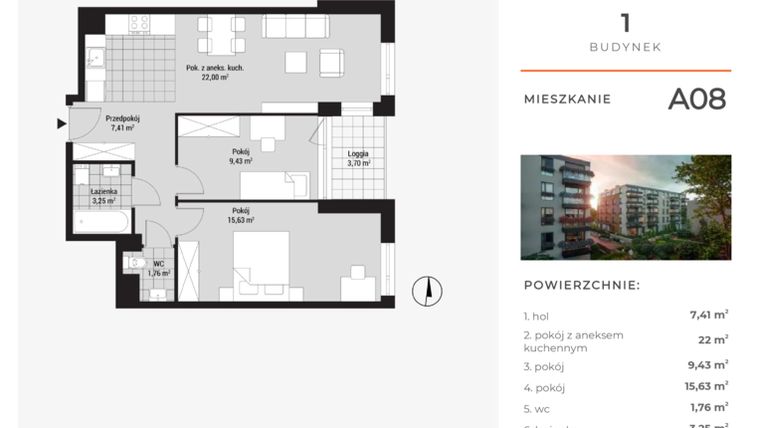 Rzut - Mieszkanie na sprzedaż 3 pokoje o powierzchni 60,46 m² - numer A08 w Na Koszutce