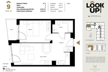 Rzut - Mieszkanie na sprzedaż 2 pokoje o powierzchni 40,37 m² - numer A9 w Look Up House