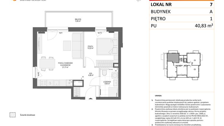 Rzut - Mieszkanie na sprzedaż 2 pokoje o powierzchni 40,83 m² - numer A7 w Osiedle Orzechowa