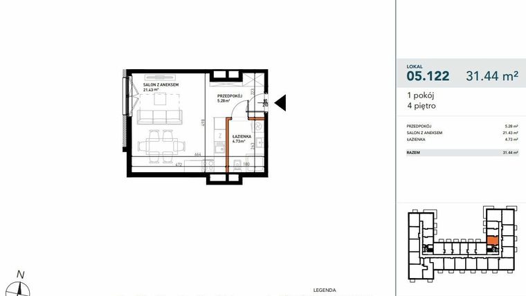 Rzut - Mieszkanie na sprzedaż 1 pokój o powierzchni 31,48 m² - numer 05.122 w Czysta 4