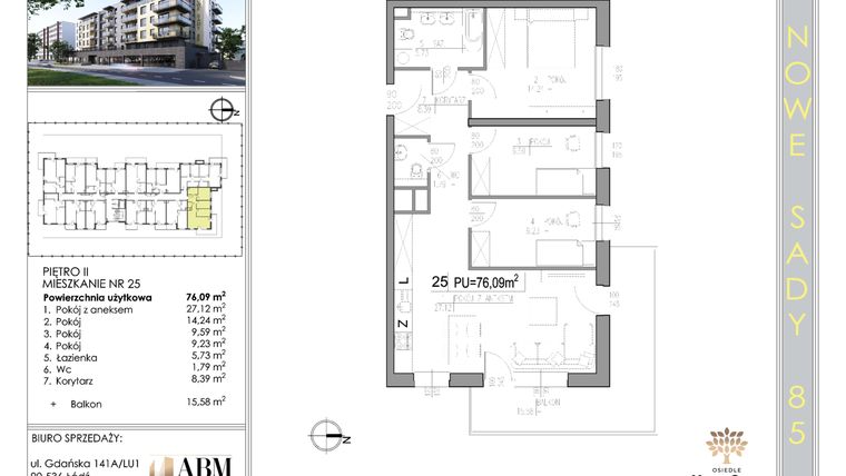 Rzut - Mieszkanie na sprzedaż 4 pokoje o powierzchni 76,25 m² - numer 25 w Nowe Sady 85