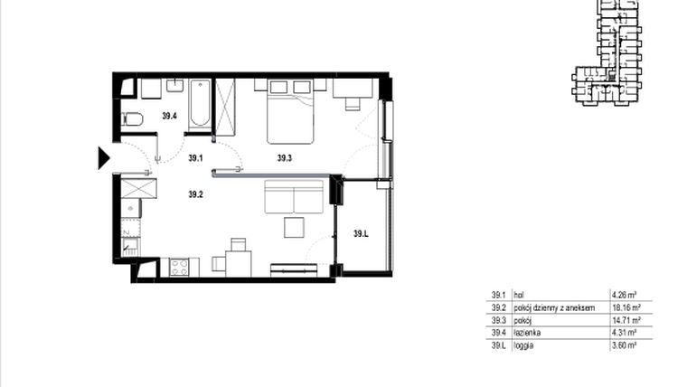 Rzut - Mieszkanie na sprzedaż 2 pokoje o powierzchni 41,44 m² - numer C3.39 w Osiedle Mozaika