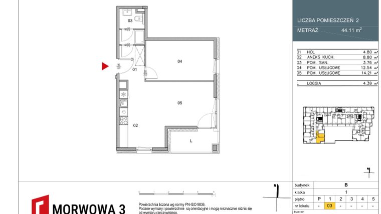 Rzut - Mieszkanie na sprzedaż 2 pokoje o powierzchni 44,11 m² - numer 3 w Morwowa 3 - Apartamenty Inwestycyjne