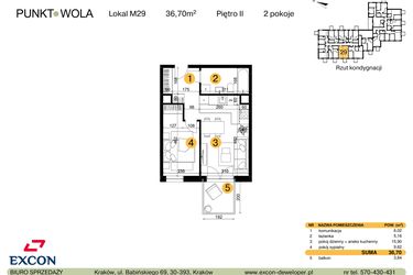 Rzut - Mieszkanie na sprzedaż 2 pokoje o powierzchni 36,7 m² - numer M29 w Punkt Wola