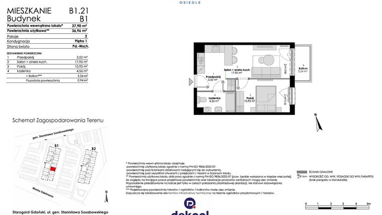 Rzut - Mieszkanie na sprzedaż 2 pokoje o powierzchni 36,96 m² - numer B1.21 w Osiedle Chabrowe