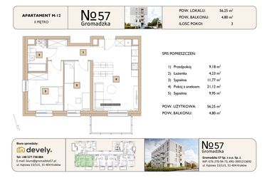 Rzut - Mieszkanie na sprzedaż 3 pokoje o powierzchni 56,25 m² - numer M-12 w Gromadzka 57