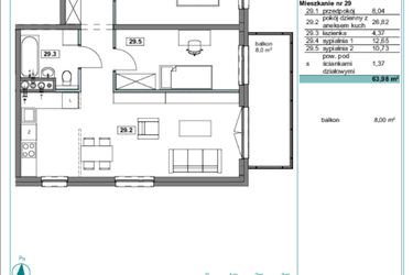 Rzut - Mieszkanie na sprzedaż 3 pokoje o powierzchni 63,96 m² - numer E.29 w Osiedle Kościuszki