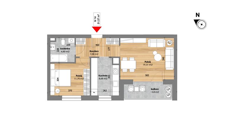 Rzut - Mieszkanie na sprzedaż 2 pokoje o powierzchni 51,57 m² - numer M14 w Przy Kochanowskiego