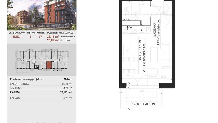 Rzut - Mieszkanie na sprzedaż 1 pokój o powierzchni 25,82 m² - numer 77 w M|City