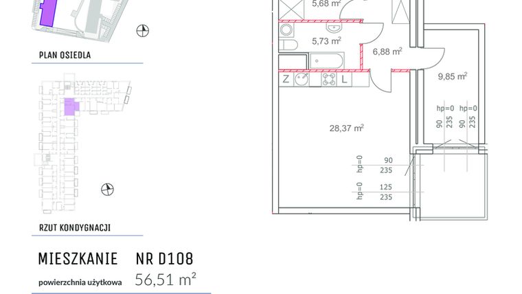 Rzut - Mieszkanie na sprzedaż 2 pokoje o powierzchni 56,51 m² - numer D108 w Osiedle Impresja 2
