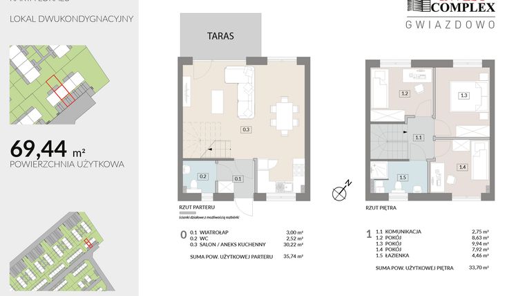Rzut - Mieszkanie na sprzedaż 4 pokoje o powierzchni 69,44 m² - numer C3.2 w Osiedle Gwiazdowo etap 6B