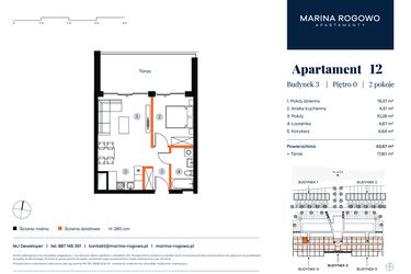 Rzut - Mieszkanie na sprzedaż 2 pokoje o powierzchni 43,67 m² - numer 12 w Apartamenty Marina Rogowo