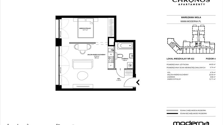 Rzut - Mieszkanie na sprzedaż 2 pokoje o powierzchni 44,93 m² - numer 422 w Chronos etap II