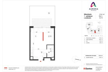 Rzut - Mieszkanie na sprzedaż 1 pokój o powierzchni 37,61 m² - numer L-75 w Osiedle Aurora - bud. L