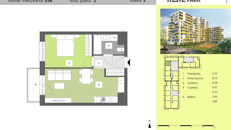Rzut - Mieszkanie na sprzedaż 2 pokoje o powierzchni 41,41 m² - numer 56 w Dworzysko Park - Etap II