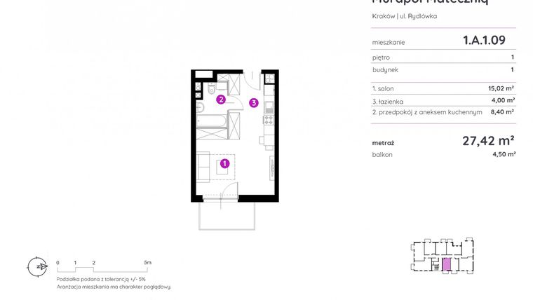 Rzut - Mieszkanie na sprzedaż 1 pokój o powierzchni 27,42 m² - numer 1.A.1.09 w Murapol Mateczniq