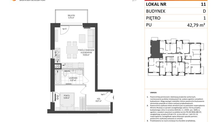 Rzut - Mieszkanie na sprzedaż 2 pokoje o powierzchni 47,98 m² - numer D.11 w Osiedle Warszawska etap II