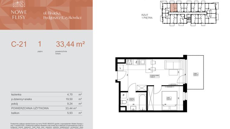 Rzut - Mieszkanie na sprzedaż 2 pokoje o powierzchni 33,44 m² - numer M21_NF.c w Nowe Flisy II