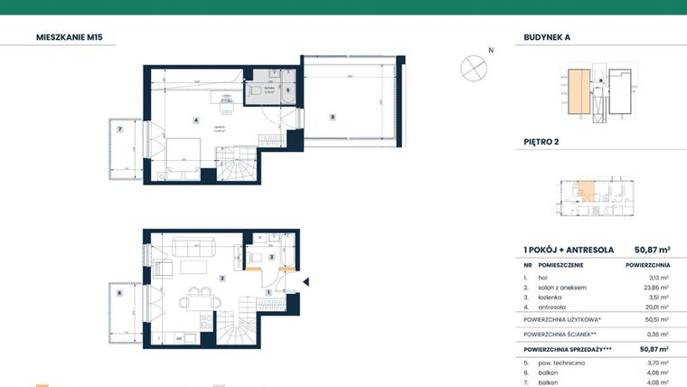 Rzut - Mieszkanie na sprzedaż 2 pokoje o powierzchni 50,49 m² - numer M15 w Reneta