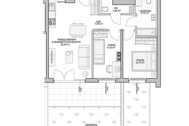 Rzut - Mieszkanie na sprzedaż 2 pokoje o powierzchni 38,7 m² - numer WO/P31/1 w Wiszące Ogrody