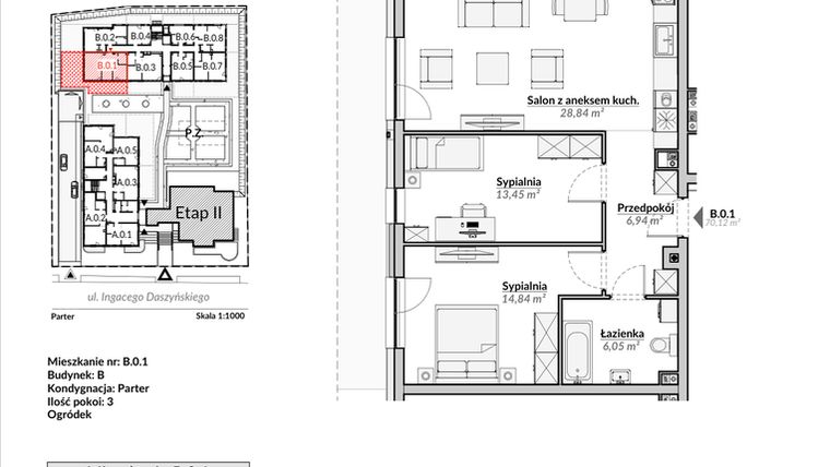 Rzut - Mieszkanie na sprzedaż 3 pokoje o powierzchni 70,12 m² - numer B.0.1 w Nowa Fregata
