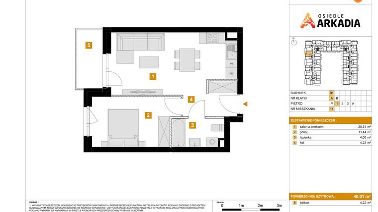 Rzut - Mieszkanie na sprzedaż 2 pokoje o powierzchni 40,01 m² - numer B1.14 w Osiedle Arkadia etap 2