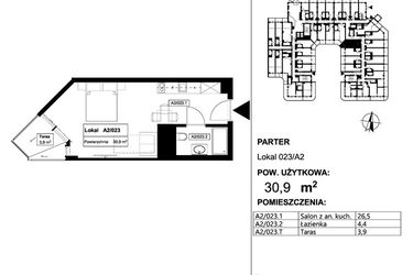 Rzut - Mieszkanie na sprzedaż 1 pokój o powierzchni 30,9 m² - numer 023 w Apollo Resort