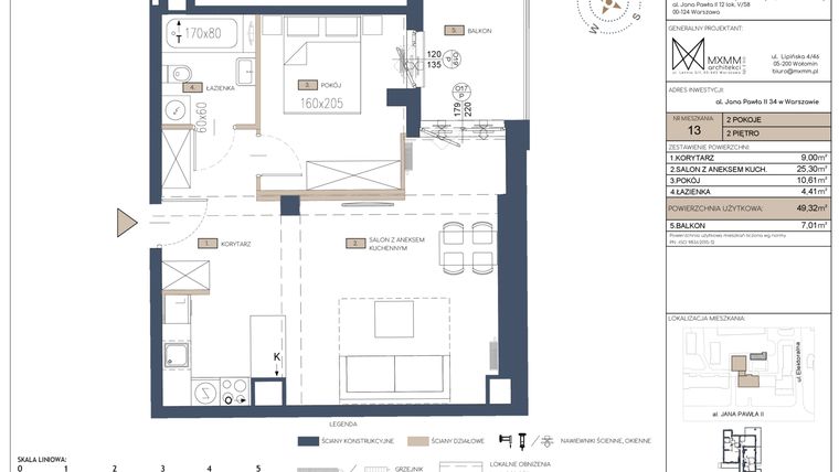 Rzut - Mieszkanie na sprzedaż 2 pokoje o powierzchni 49,32 m² - numer 13 w Apartamenty Jana Pawła 34