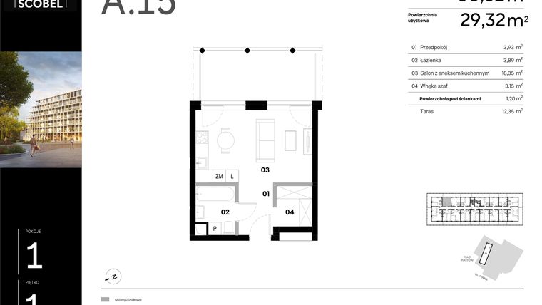 Rzut - Mieszkanie na sprzedaż 1 pokój o powierzchni 30,52 m² - numer A.15 w Browar HUGO SCOBEL
