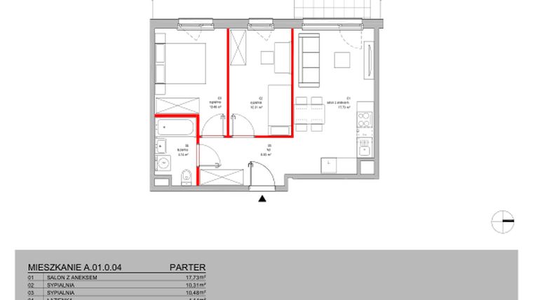 Rzut - Mieszkanie na sprzedaż 3 pokoje o powierzchni 49,49 m² - numer A.01.0.04 w Warszawska 58A