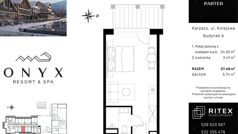 Rzut - Mieszkanie na sprzedaż 1 pokój o powierzchni 27,49 m² - numer 00.A5 w Onyx Resort & Spa