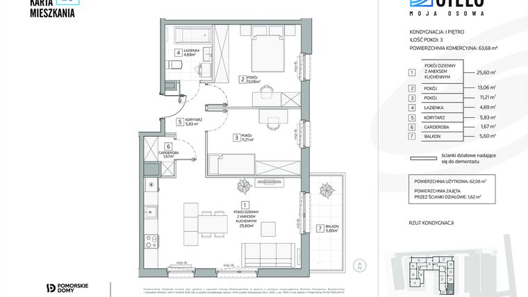 Rzut - Mieszkanie na sprzedaż 3 pokoje o powierzchni 63,55 m² - numer 23 w Stelo