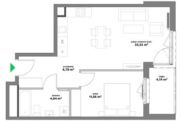 Rzut - Mieszkanie na sprzedaż 2 pokoje o powierzchni 46,61 m² - numer B2-31 w Forma Otwarta etap II