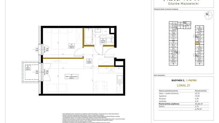 Rzut - Mieszkanie na sprzedaż 2 pokoje o powierzchni 43,66 m² - numer 21 w Aura Nova etap II