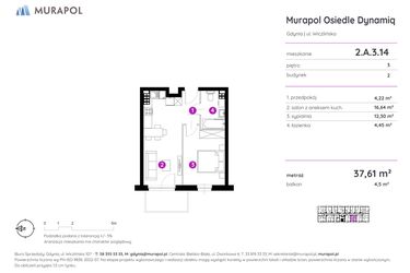 Rzut - Mieszkanie na sprzedaż 2 pokoje o powierzchni 37,61 m² - numer 2.A.3.14 w Murapol Osiedle Dynamiq