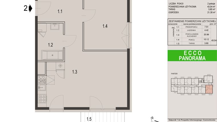 Rzut - Mieszkanie na sprzedaż 2 pokoje o powierzchni 43,04 m² - numer 2C w Ecco Panorama etap II budynki C, D