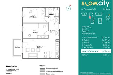 Rzut - Mieszkanie na sprzedaż 3 pokoje o powierzchni 67,96 m² - numer C1-39 w Slow City