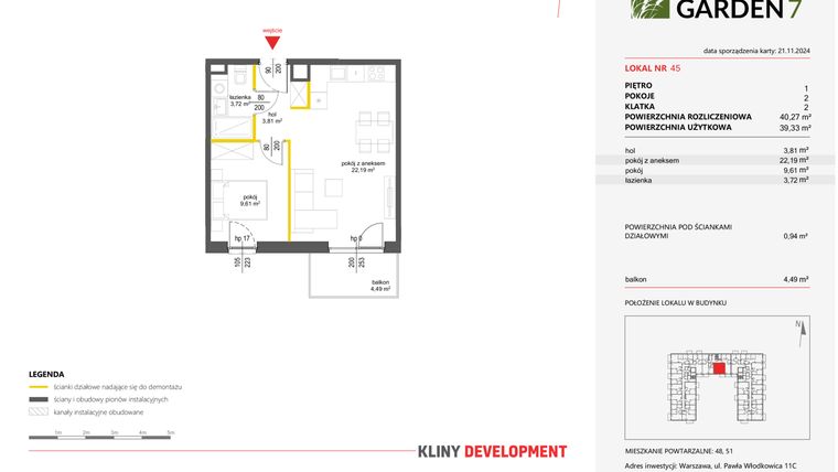 Rzut - Mieszkanie na sprzedaż 2 pokoje o powierzchni 40,27 m² - numer 45 w Nova Viva Garden 7