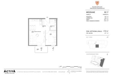 Rzut - Mieszkanie na sprzedaż 2 pokoje o powierzchni 47,26 m² - numer B2.17 w Kamienice Pruszczańskie