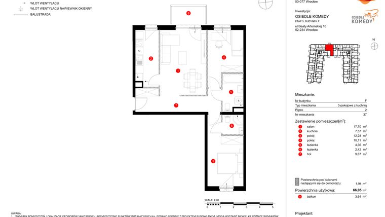 Rzut - Mieszkanie na sprzedaż 3 pokoje o powierzchni 66,05 m² - numer F.37 w Osiedle Komedy
