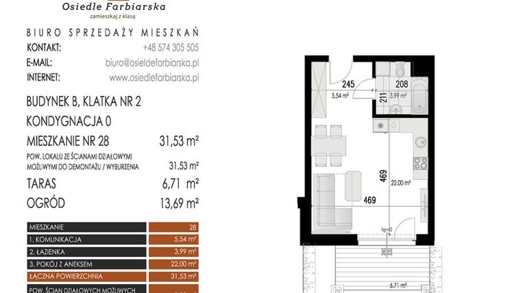Rzut - Mieszkanie na sprzedaż 1 pokój o powierzchni 31,53 m² - numer 28B w Osiedle Farbiarska II
