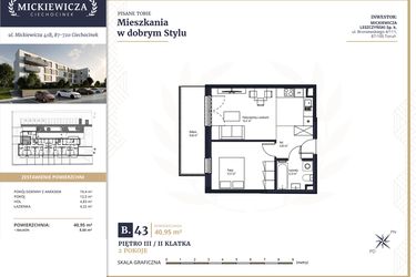 Rzut - Mieszkanie na sprzedaż 2 pokoje o powierzchni 40,95 m² - numer B43 w Mickiewicza