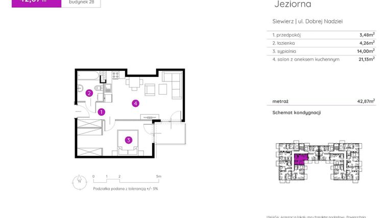 Rzut - Mieszkanie na sprzedaż 2 pokoje o powierzchni 42,87 m² - numer 28.A.1.2 w Murapol Siewierz Jeziorna bud. 27 i 28