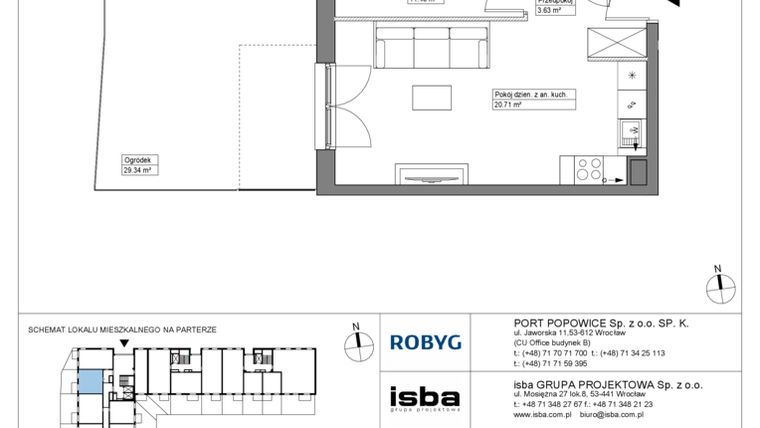 Rzut - Mieszkanie na sprzedaż 2 pokoje o powierzchni 40,05 m² - numer PPO/W/A/0/9 w Port Popowice bud. W