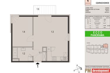 Rzut - Mieszkanie na sprzedaż 2 pokoje o powierzchni 42,86 m² - numer 1C w Ecco Panorama etap II budynki C, D
