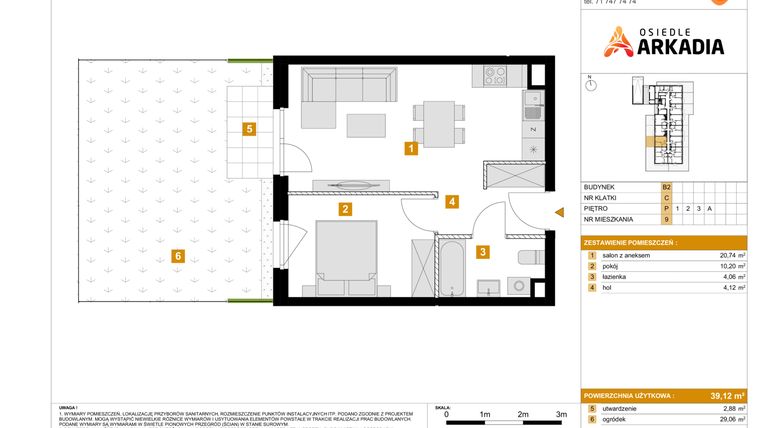 Rzut - Mieszkanie na sprzedaż 2 pokoje o powierzchni 39,12 m² - numer 9 w Osiedle Arkadia